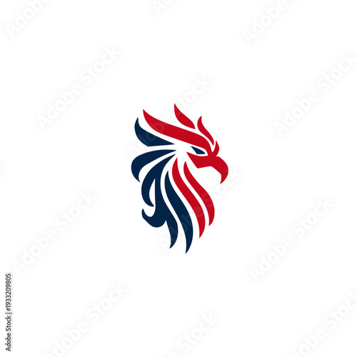 Strong heraldic griffin head illustration in red, white, and blue. Dynamic mythical bird mascot vector graphic for power and courage.