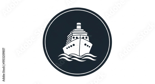 Cruise ship illustration in a circular frame, perfect for travel and tourism.