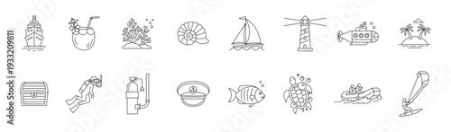 Ocean exploration and nautical line icon set. Editable stroke. Vector illustration.