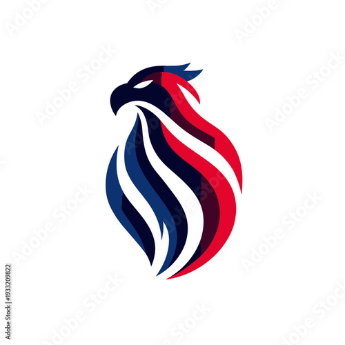 Stylized patriotic eagle or phoenix bird logo design in dynamic red, blue, and white colors, symbolizing strength, freedom, and national pride.