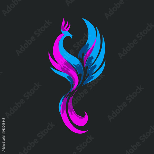 Vibrant Abstract Phoenix Bird Illustration with Dynamic Blue and Pink Brushstrokes on Dark Background, Symbol of Rebirth