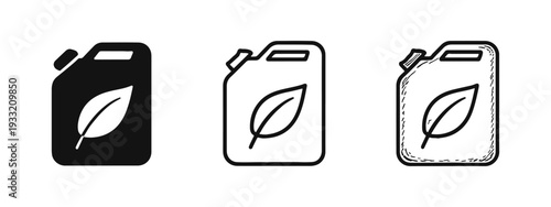 Biofuel jerrycan icons in solid, outline, and hand-drawn styles.