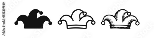 Jester hat icons in solid, outline, and hand-drawn styles.