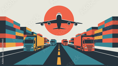 Flat vector illustration of cargo trucks driving between shipping containers with airplane overhead. Global logistics and freight transportation concept.