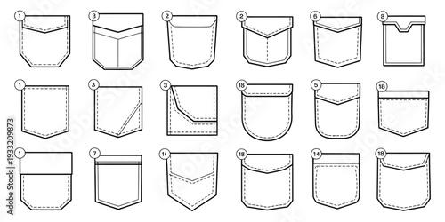 Assortment of flat fashion pocket designs for clothing and apparel in various shapes, garment detail elements for shirts, pants and jackets, technical fashion vector illustration set.