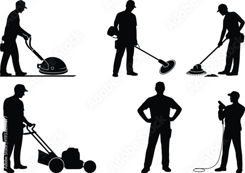 Professional cleaning and maintenance worker silhouettes with lawn mower, floor buffer and power tools, black vector illustration isolated on white background