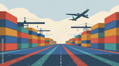 Flat vector illustration of cargo shipping port with stacked containers, cranes and airplane overhead, Global logistics and transportation concept
