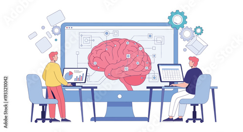 Artificial intelligence research team analyzing human brain neural network on large monitor with data visualization and technical gears for cognitive science