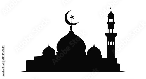 A striking black silhouette depicts a mosque with a crescent moon and star showcasing islamic architecture silhouette
