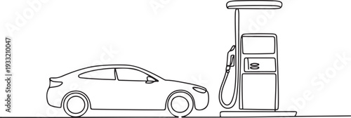 One continuous line drawing of A car is refueling at a fuel station vector illustration. Fuel Station illustration simple linear style vector concept. one line Icon drawing