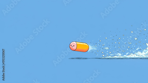 Happy pill character quickly dissolving in water