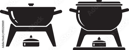 Fondue pot silhouette with candle two cooking pots on white