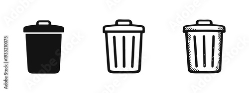 Trash can icons in solid, outline, and hand-drawn styles.