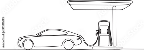 One continuous line drawing of A car is refueling at a fuel station vector illustration. Fuel Station illustration simple linear style vector concept. one line Icon drawing