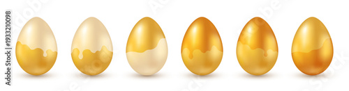 Set of realistic Easter eggs on a white background. Collection of smooth golden eggs with a shadow for Easter banners, posters, postcards, designs. Vector EPS 10.