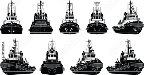 Set of tugboat silhouettes front view, black harbor towboat ship collection, maritime transport vessel vector illustration isolated on white