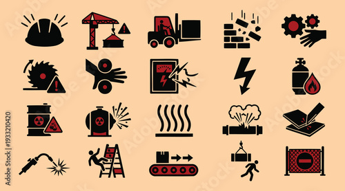 Collection of industrial safety warning icons on orange background