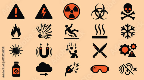 Collection of warning signs and symbols for hazardous materials and dangerous situations on peach background
