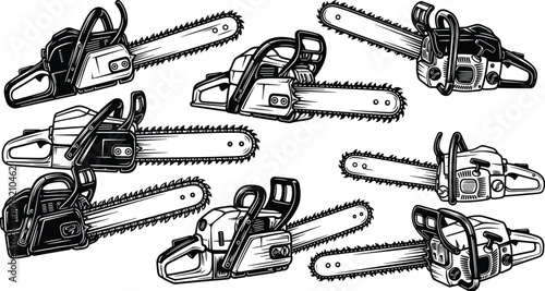 Chainsaw Silhouette Collection Wood Cutting Power Tool Vector Set Isolated on White Background