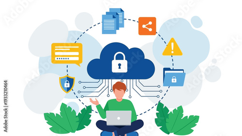 Man working on laptop, surrounded by cloud computing symbols representing data security, network protection, and digital information storage
