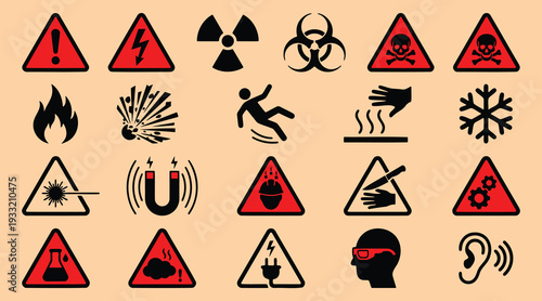 Collection of warning signs and symbols for hazardous materials and safety precautions  various icons for risk and danger awareness