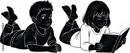 Children Reading Book Silhouette Set Cute Kids Studying Education Vector Illustration Isolated on White Background