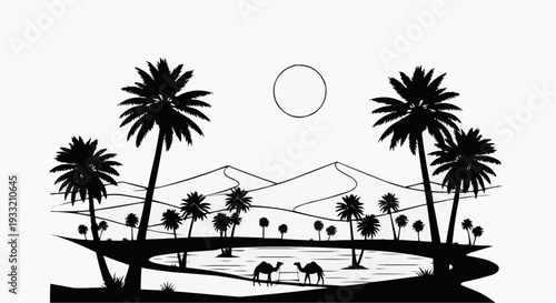 A black and white vector graphic illustration of a desert oasis with palm trees and camels