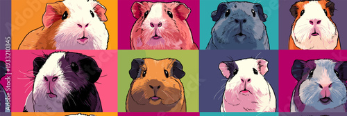 Nine cute guinea pigs in a colorful pop art distinct grid pattern. Pop art guinea pig distinct pet portraits grid