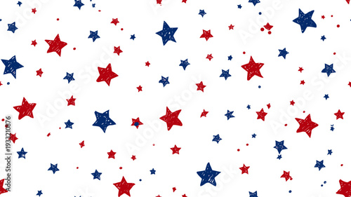 Red and blue stars forming a cheerful, seamless American flag inspired pattern. USA colors star pattern creating a patriotic background