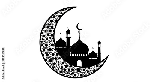 Elegant black silhouette of a crescent moon with a mosque design
