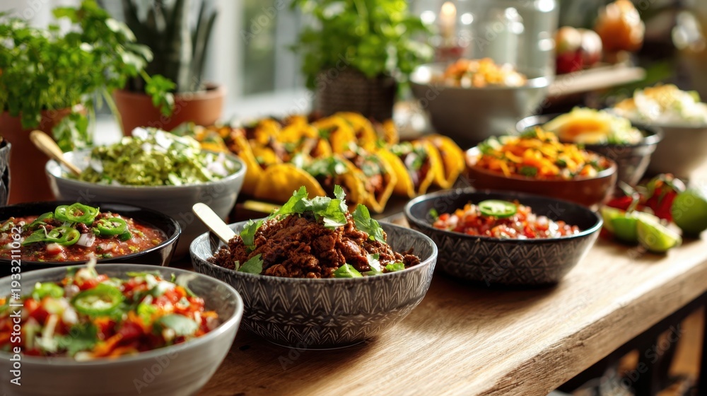 Fototapeta premium colorful dishes with salsa guacamole and shredded meat on wooden table with tacos in background under natural light concept of mexican cuisine food photography culinary arts