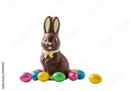 Chocolate easter bunny with colorful eggs