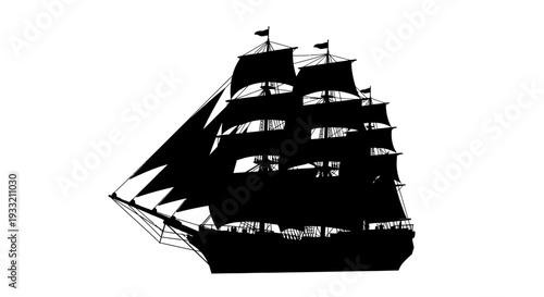 A striking silhouette of a tall sailing ship with detailed rigging