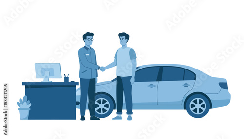 Two businessmen shaking hands deal agreement purchase car at dealership professional handshake successful transaction buying vehicle friendly interaction partnership