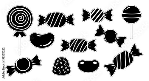 Black and white illustration of various shaped candies and lollipops