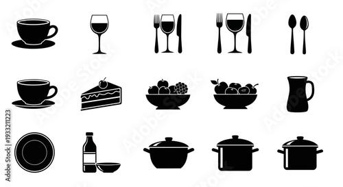 Black silhouette icons depicting various dining and kitchen items