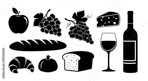 Black silhouette icons depicting a variety of food and drink items
