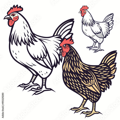 White and black farm chickens standing side by side