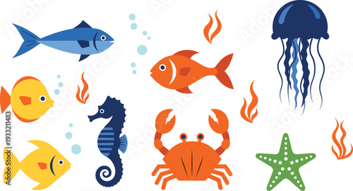 Colorful sea animals vector set fish crab jellyfish seahorse starfish isolated on white background