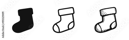 Christmas stocking set in various styles. Holiday gift hanging sock for festive seasonal decor.