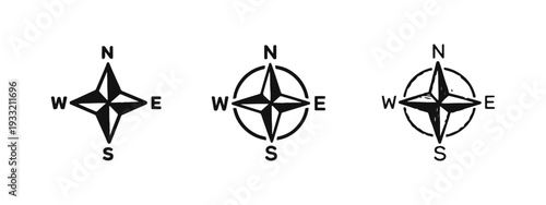 Compass rose icons set for navigation and direction. Illustrates North, South, East, West cardinal points.