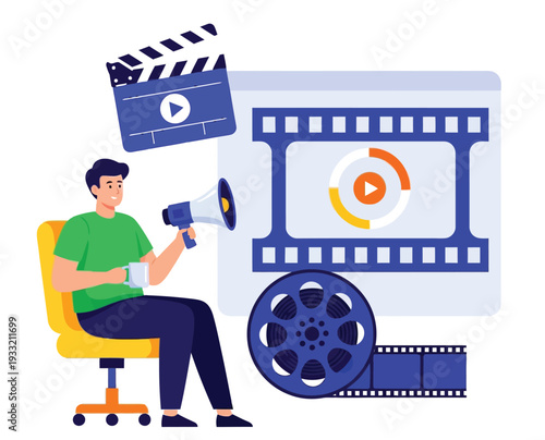 Creative content creator sitting on yellow chair holding megaphone and coffee cup surrounded by film production icons like clapperboard and cinema reels art