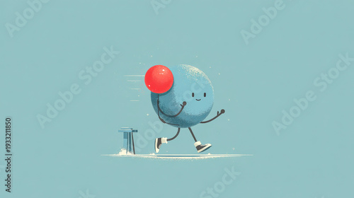 Blue character running with red balloon happiness