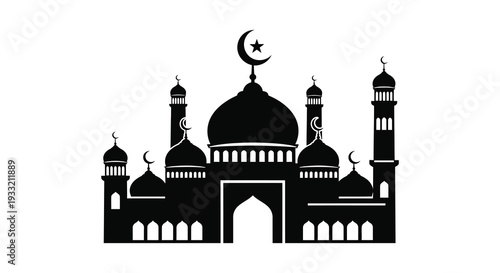 A striking black silhouette depicts an islamic mosque with crescent moons and a star silhouette high quality professional