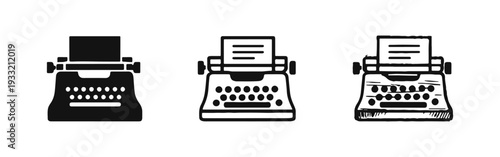 Vintage typewriter icons. Retro writing machine with paper for documents, stories, and journalism.