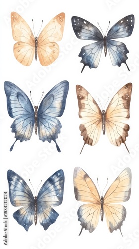 Set of flying butterflies in blue, beige, brown and indigo colors in a vintage watercolor style for design projects