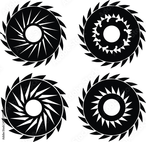 Circular Saw Blade Silhouette Set Industrial Cutting Tool Vector Collection Isolated on White Background