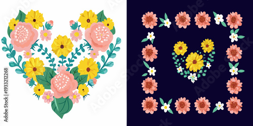 Floral arrangements forming heart shapes in contrasting color schemes