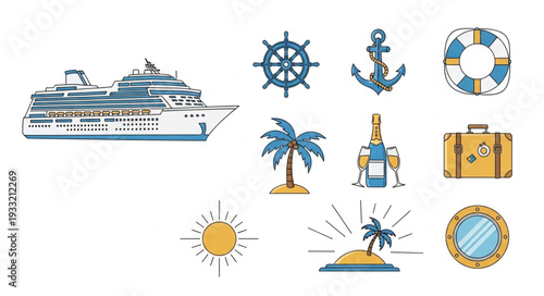 Cruise ship and travel related icons representing vacation and holiday concepts.