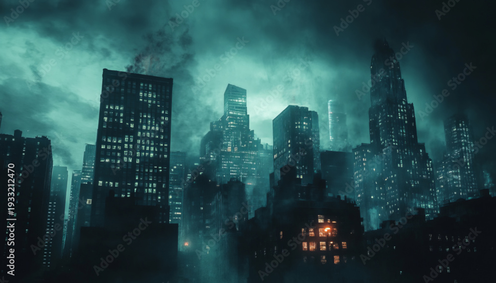 Fototapeta premium Mysterious city skyline at night with dramatic clouds and ethereal lighting creating an eerie yet captivating atmosphere